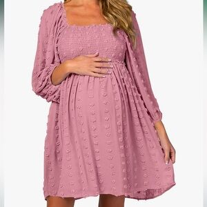 Women's Long Sleeve Maternity Dress Square Neck Swiss Dot Casual Loose Pink